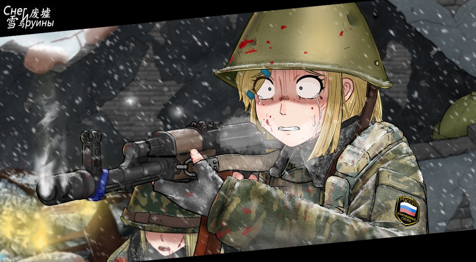 开火，战壕里受惊的士兵少女举枪射击