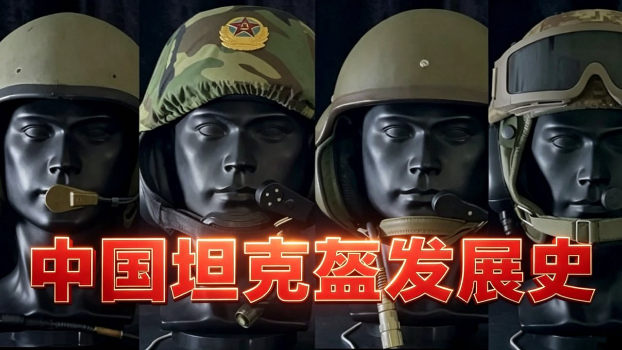 视频《中国坦克兵用什么头盔》封面，四个不同年代的坦克头盔