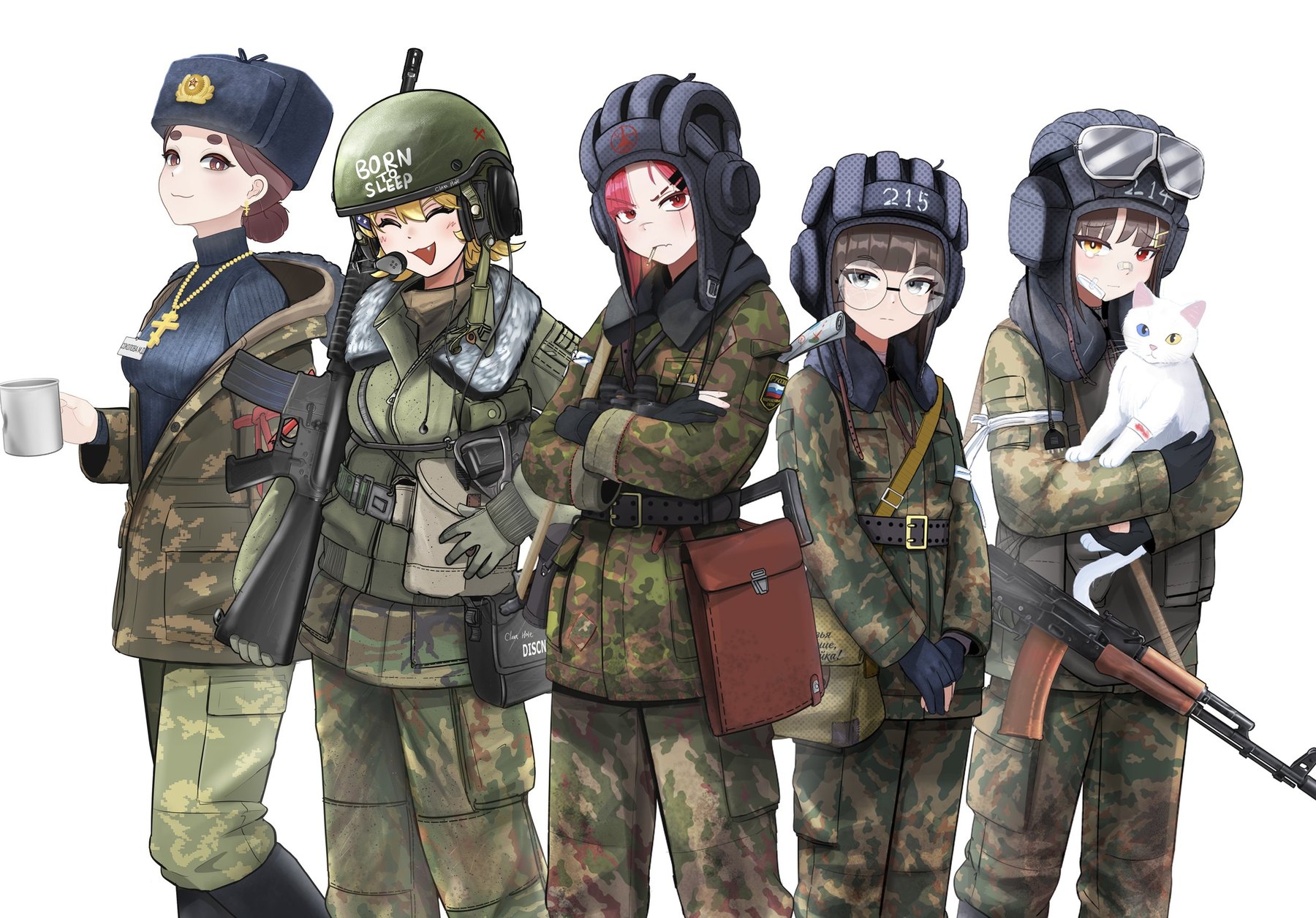 原创军武 OC 人设立绘，四名穿迷彩服的少女并排站立